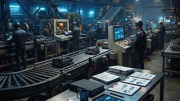 Production line with manufacturing reports and cost accounting documents