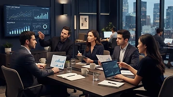 Finance team reviewing cash-flow forecasts and receivables in a meeting
