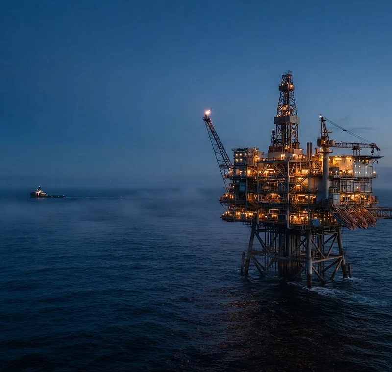 Plataforma offshore iluminada ao anoitecer