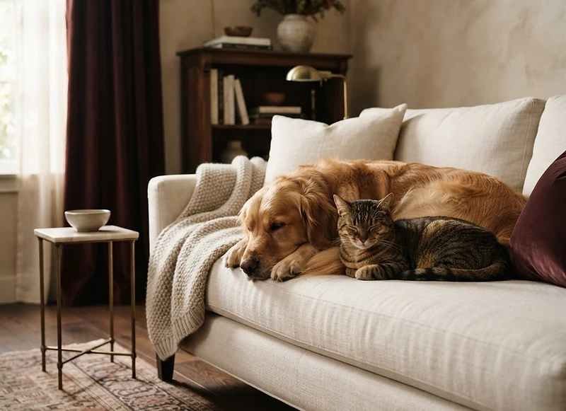 A golden retriever and a cat resting together in an elegant living room