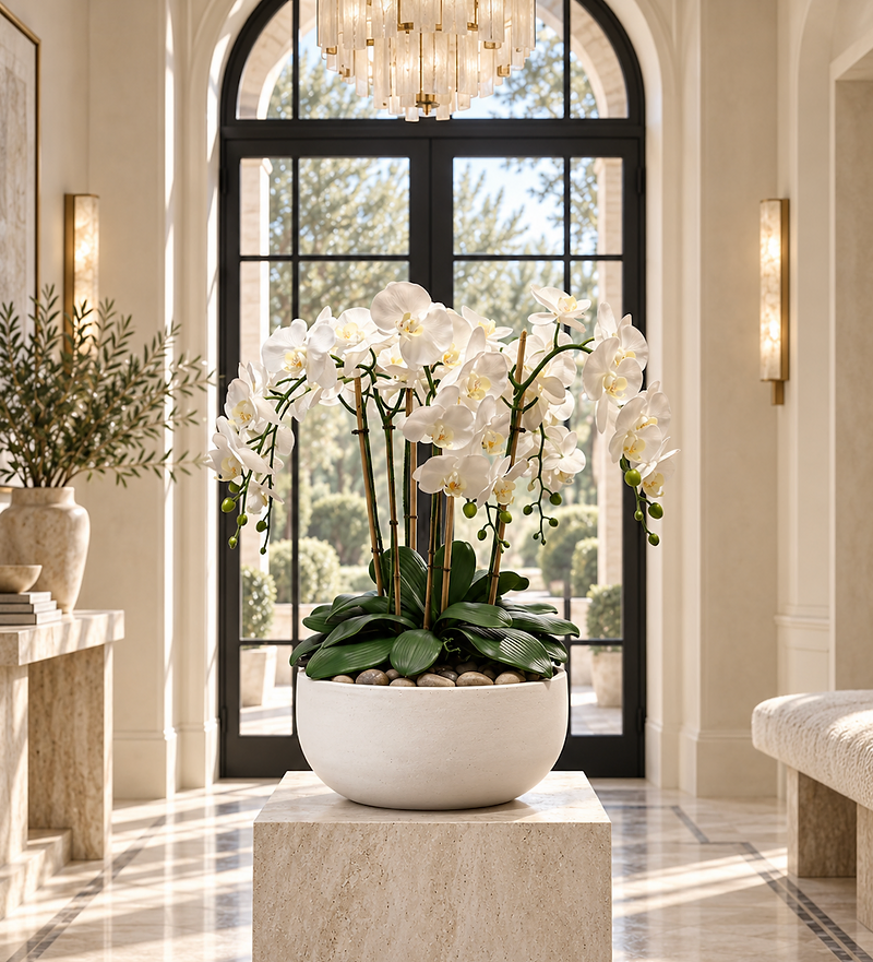 Objets & Fleurs permanent white Phalaenopsis orchid arrangement — pure white blooms in a white ceramic vessel with natural stones, styled on a travertine plinth in a luxury foyer with arched garden doors, crystal chandelier and garden view