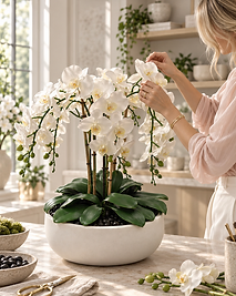 Objets & Fleurs artisan composing a permanent white Phalaenopsis orchid arrangement by hand in a matte white stone vessel — each custom orchid composition individually assembled and finished in the studio after an order is placed
