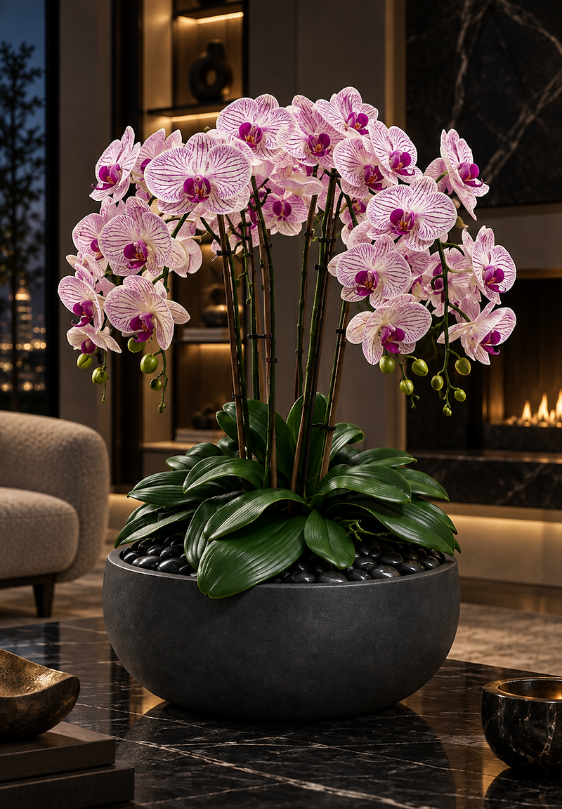 Objets & Fleurs — Midnight Moiré permanent orchid composition: violet-veined Phalaenopsis blooms in a dark charcoal vessel with black stone in an evening living room