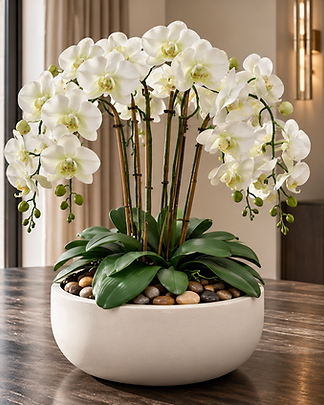 Objets & Fleurs — large white permanent Phalaenopsis orchid arrangement in a cream stone vessel on a dark wooden dining table in a sunlit luxury dining room