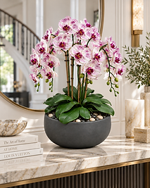 Objets & Fleurs — Midnight Moiré permanent orchid composition: violet-veined white Phalaenopsis blooms in a charcoal vessel with natural stone in a bright luxury interior
