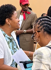 Congregants catching up with one another after service