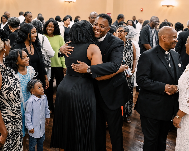 Church community gathering with warm greetings and embraces