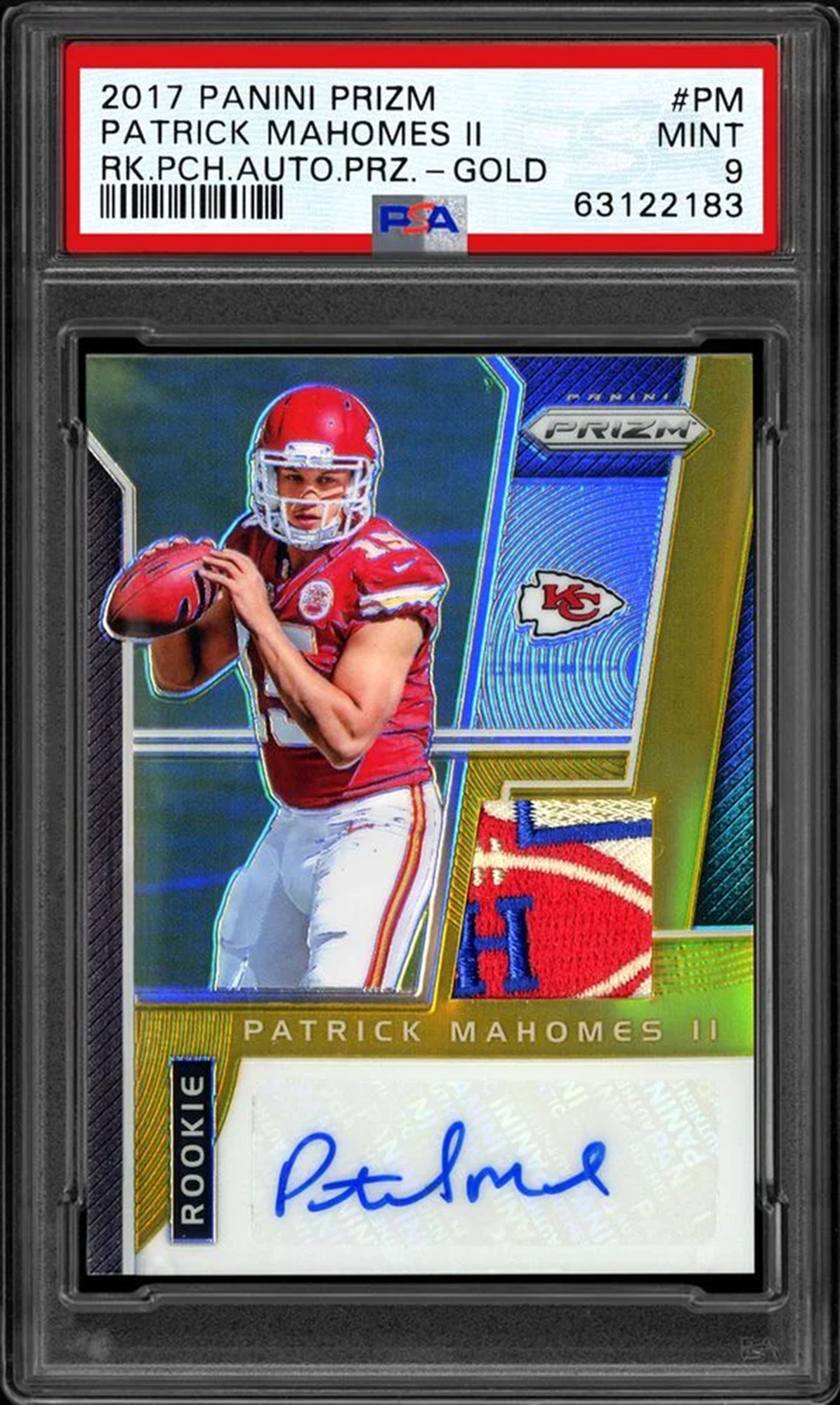 2017 Panini Prizm Rookie Patch Autograph Prizm Gold Patrick Mahomes II - PSA MINT 9