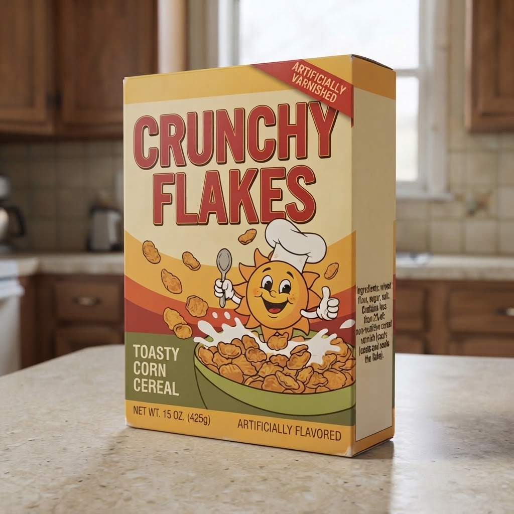 A retro 1980s-style cereal box parody labeled Crunchy Flakes, with a corner banner reading Artificially Varnished and an ingredient panel listing non-nutritive cereal varnish.
