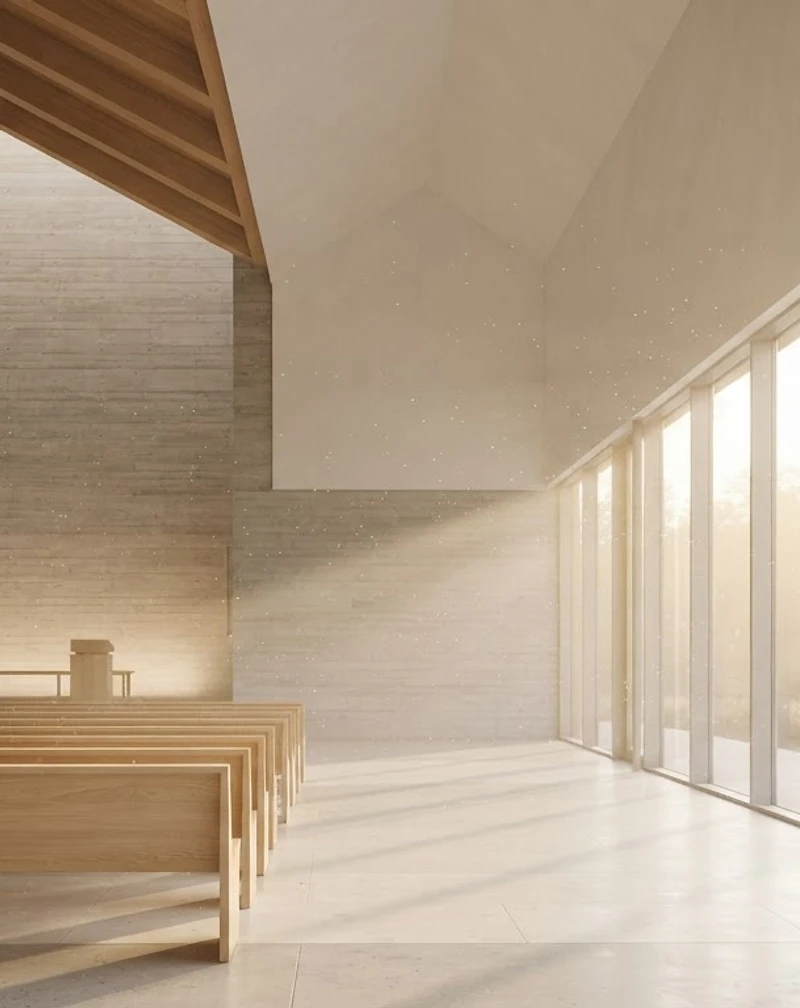 Light-filled modern sanctuary with morning sunbeams