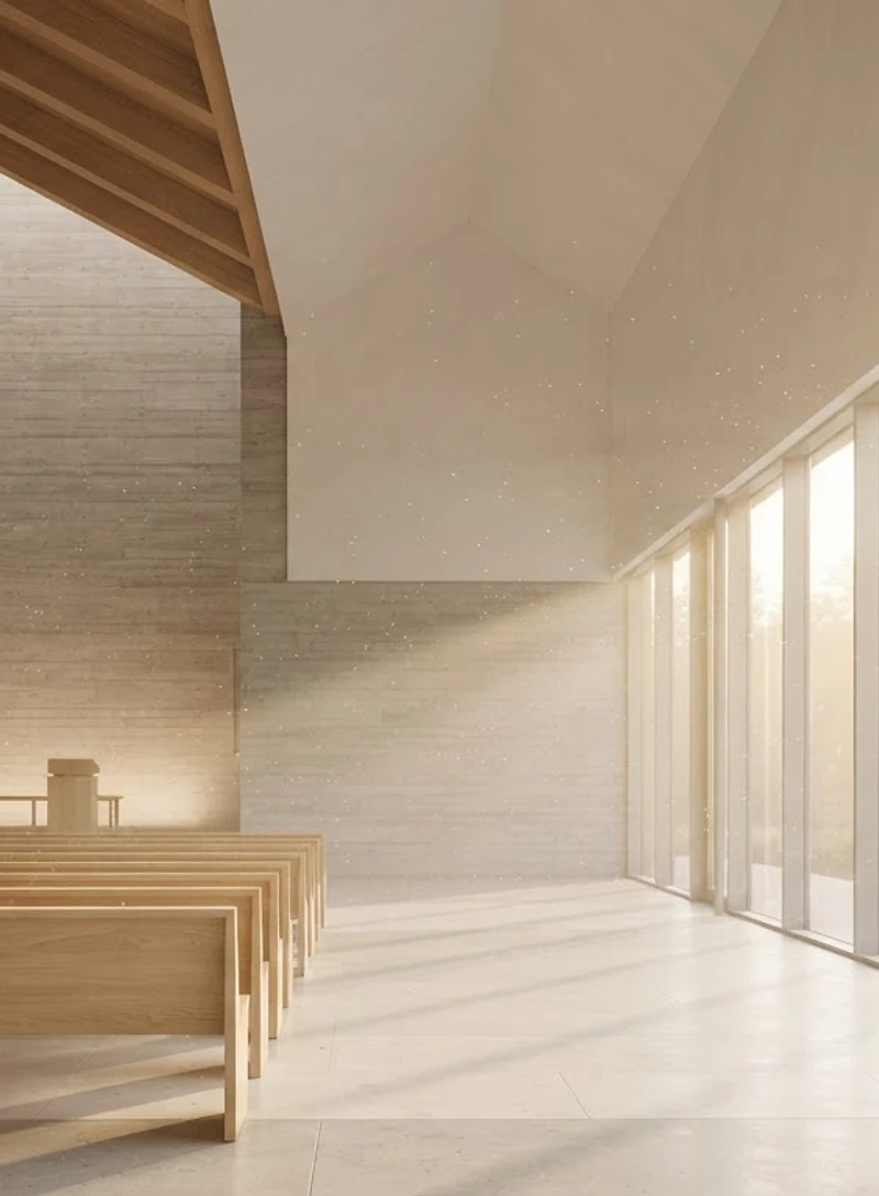 Light-filled modern sanctuary with morning sunbeams