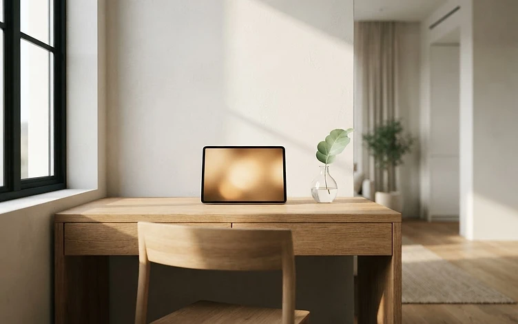 Sunlit wooden desk with a softly glowing tablet