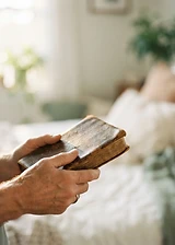 Hands holding a worn leather Bible in morning light