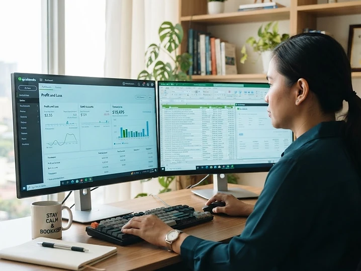 A dedicated offshore bookkeeper in the Philippines working on QuickBooks at a dual-monitor desk