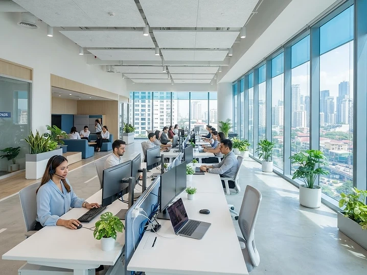 A modern offshore bookkeeping office in the Philippines with natural light and professional workstations