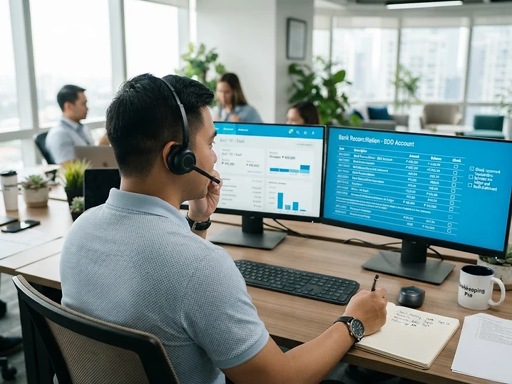 QuickBooks Specialist working on QuickBooks at a dual-monitor desk in the Philippines