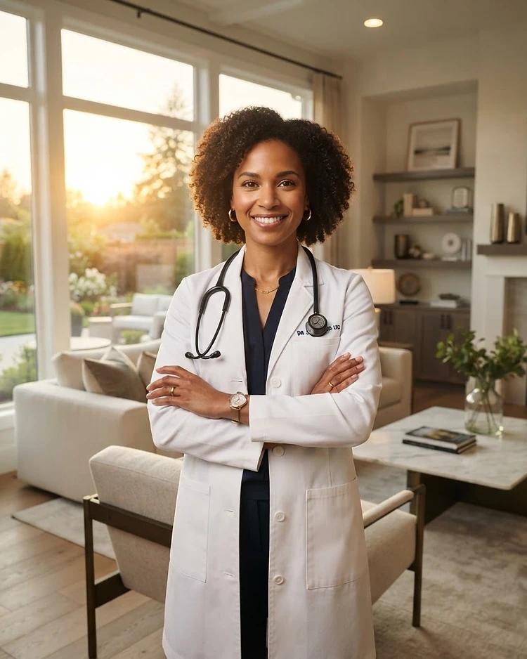 A physician in the living room of her new home