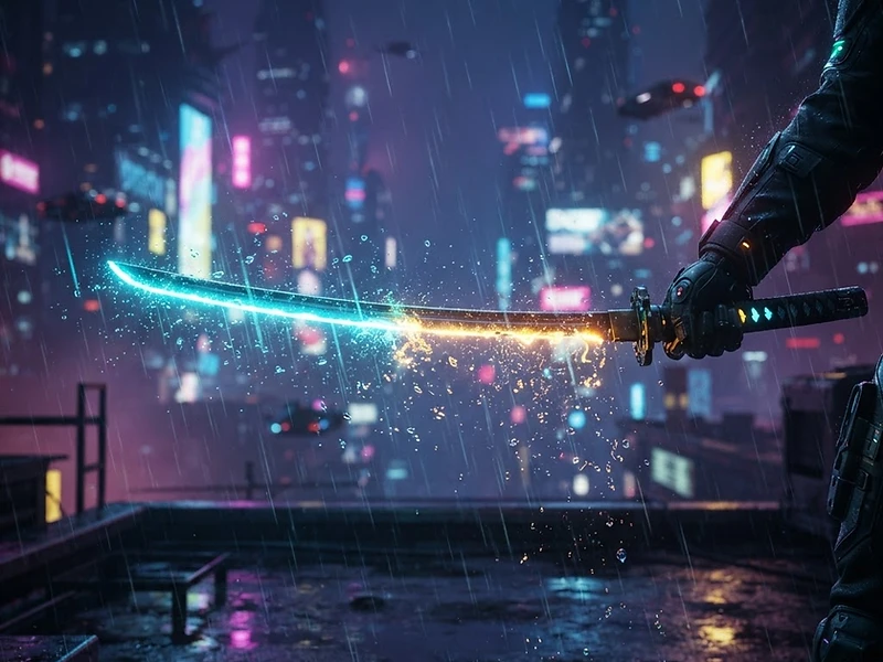 A katana edge catching golden light