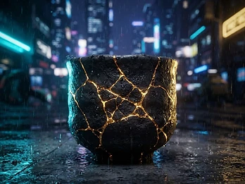 Kintsugi pottery with glowing gold veins