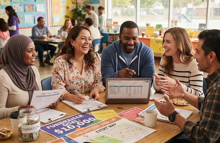 A diverse group of parents collaborating at a school fundraiser