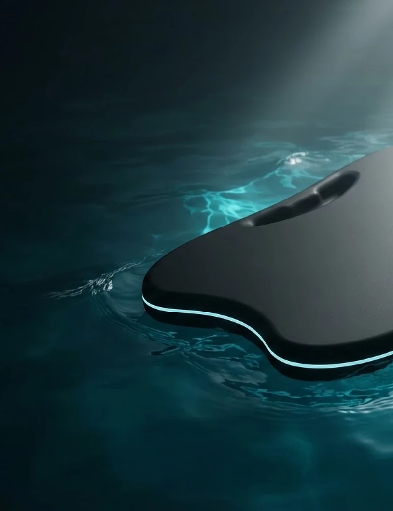 FlowSense concept swimming board floating in luminous deep blue water