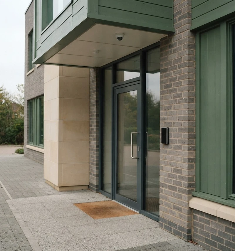 Modern commercial building entrance with an installed CCTV camera and access control reader