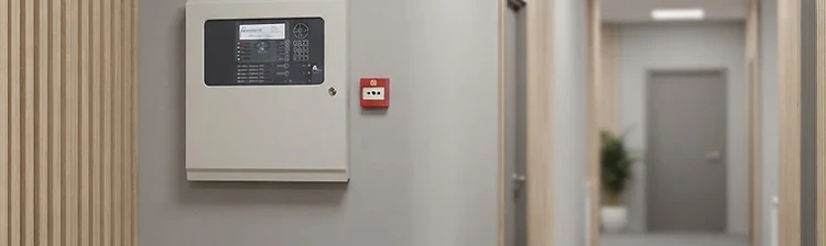 Advanced addressable fire alarm panel installed on a commercial corridor wall