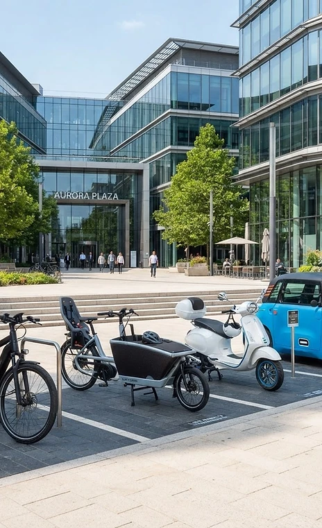 Urbaner Büroplatz mit Fahrrad, Lasten-E-Bike, Motorroller und Microcar