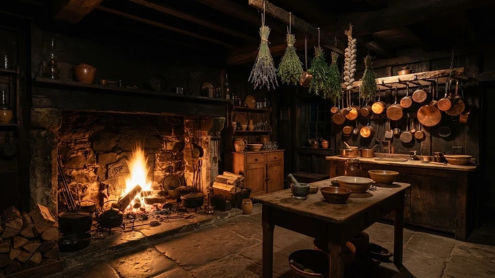A wide, atmospheric photograph of the Ember & Sage studio kitchen — a rustic dark-wood kitchen with a glowing hearth fire, hanging dried herbs, and copper pots