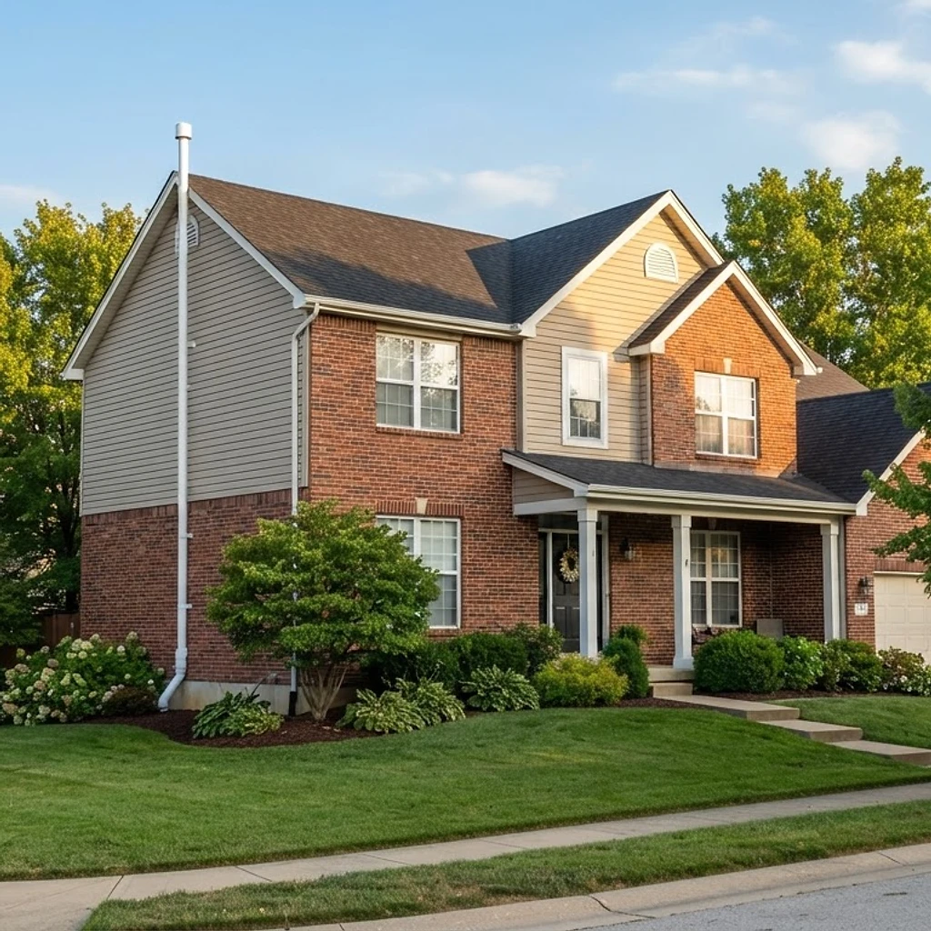 Exterior view of a Columbia, Missouri suburban home with a discreet white radon mitigation pipe