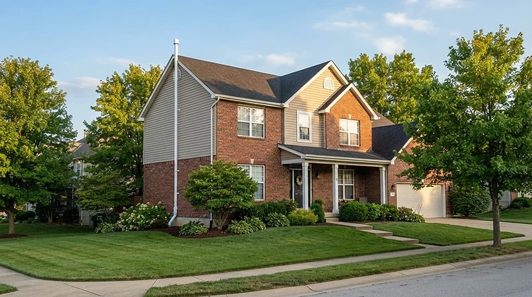 Suburban Columbia home with exterior radon mitigation pipe visible on the side wall