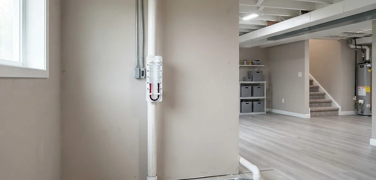 Basement radon mitigation pipe with a manometer showing the system is working