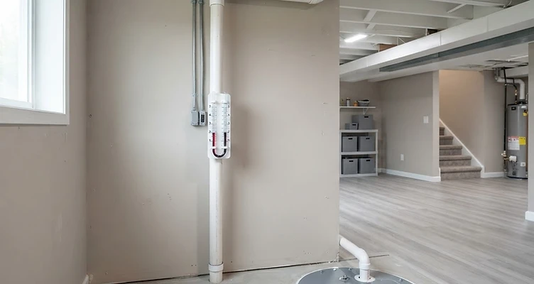 Clean basement interior showing a white radon mitigation pipe with a manometer attached