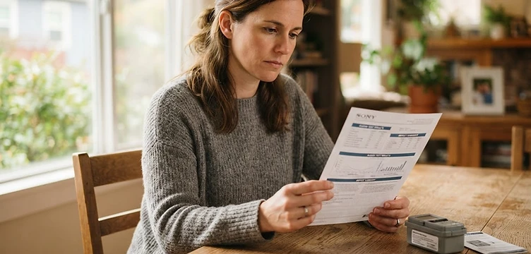 A homeowner reviewing a radon test result document at a dining table