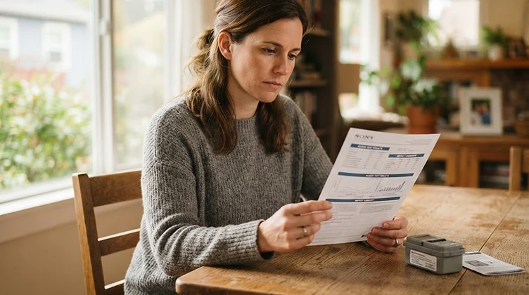 A homeowner reviewing a radon test result document at a dining table