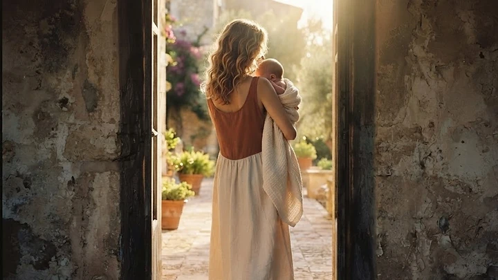 A woman walking through an open doorway into bright sunlight, a passage of transformation