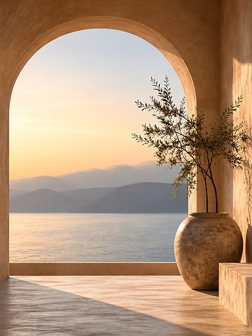 An arched balcony opening onto the calm sea at golden hour
