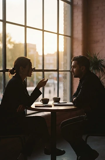 Two professionals in silhouette in conversation beside a warm-lit window