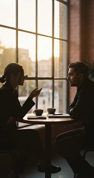 Two professionals in silhouette in conversation beside a warm-lit window