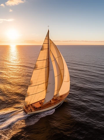 A small boat on open water, moving towards the horizon