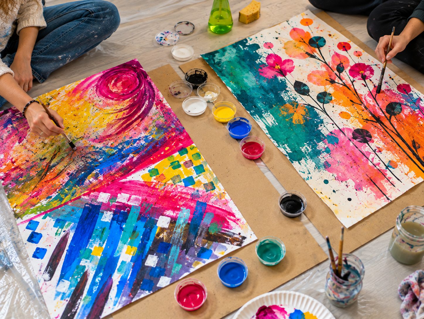 Creatieve werkruimte met verf en kwasten