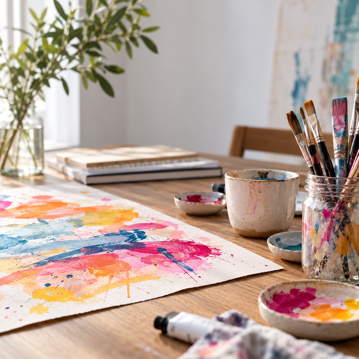 Creatieve werkruimte met verf en kwasten