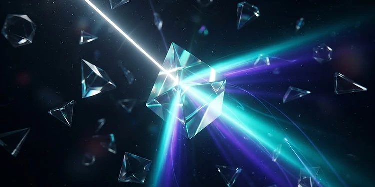 Prismi di vetro 3D che rifraggono luce ciano e viola, simbolo di chiarezza strategica