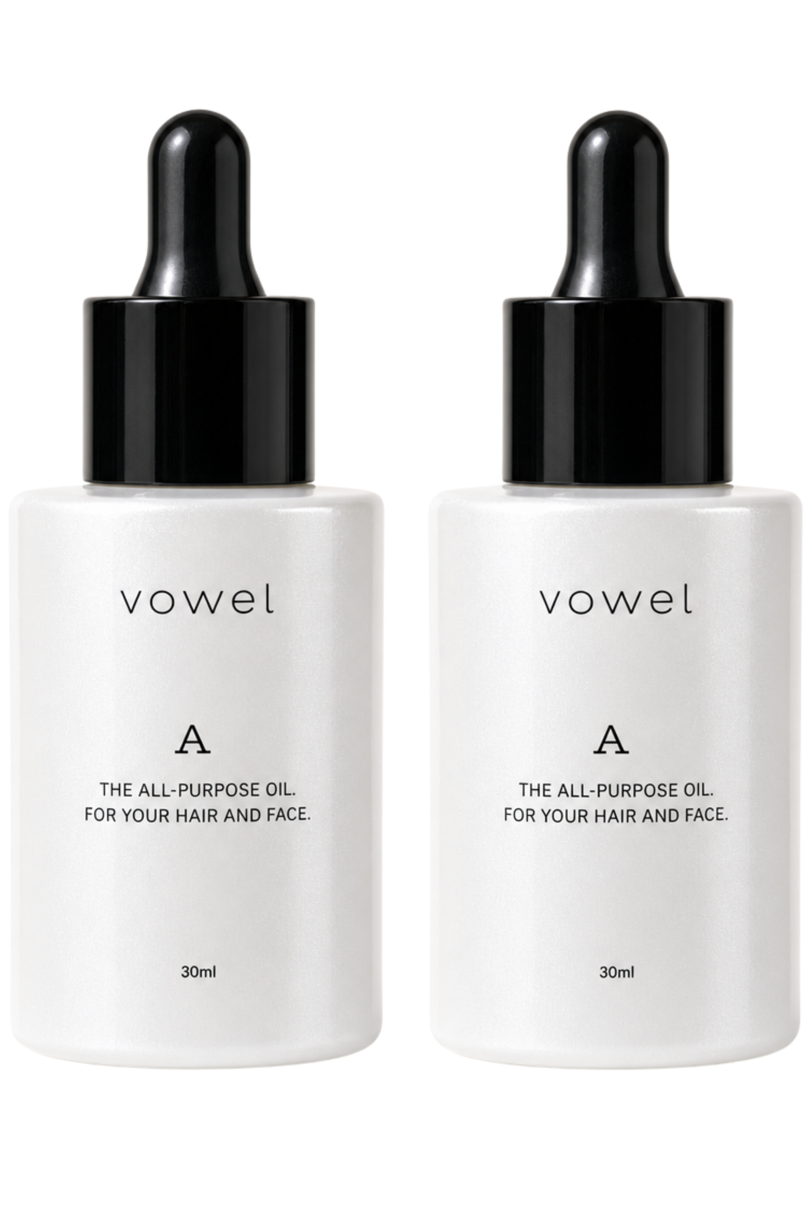 Two white vowel A oil bottles with black dropper caps side by side, transparent background