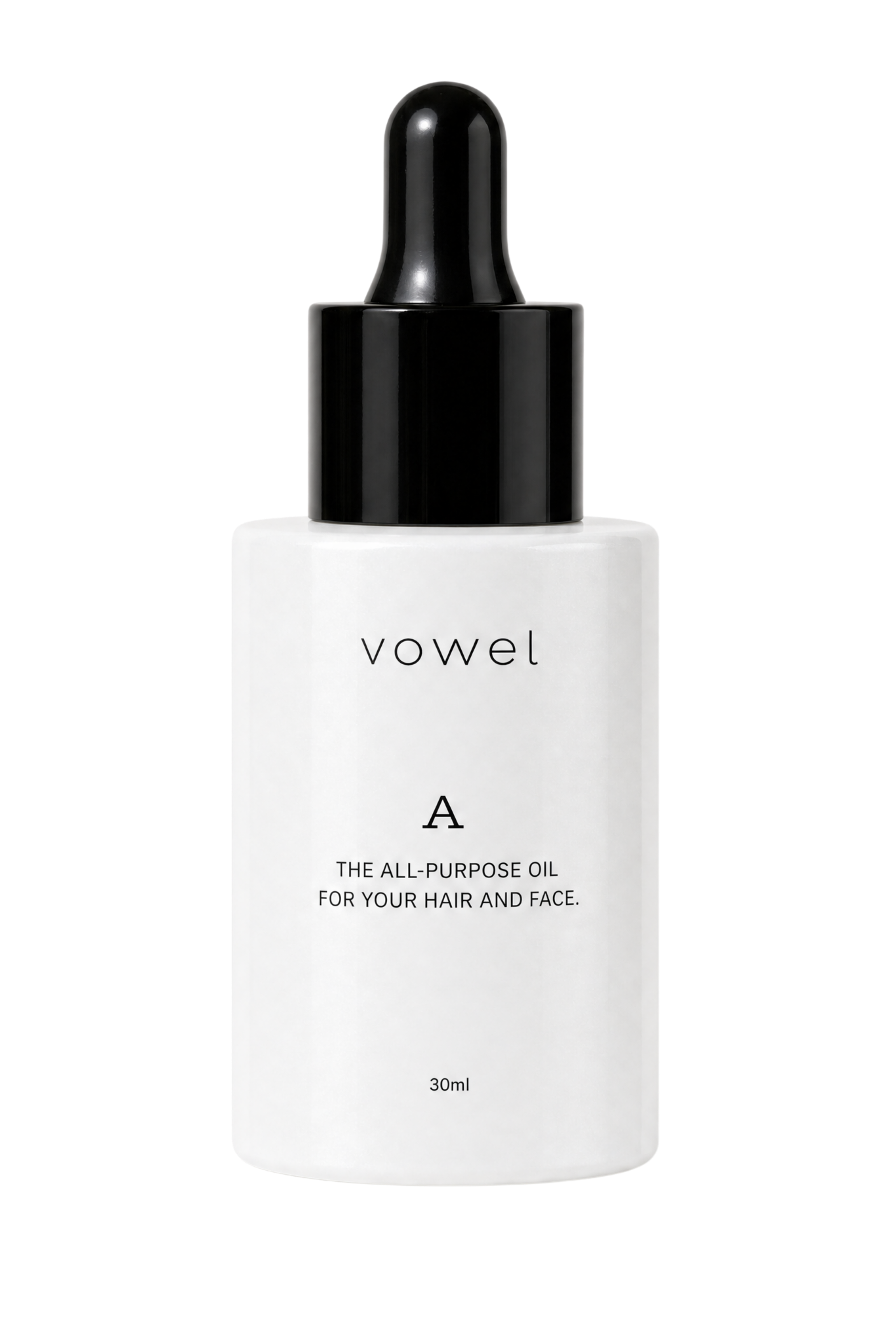 The white vowel A oil bottle with a glossy black dropper cap, transparent background