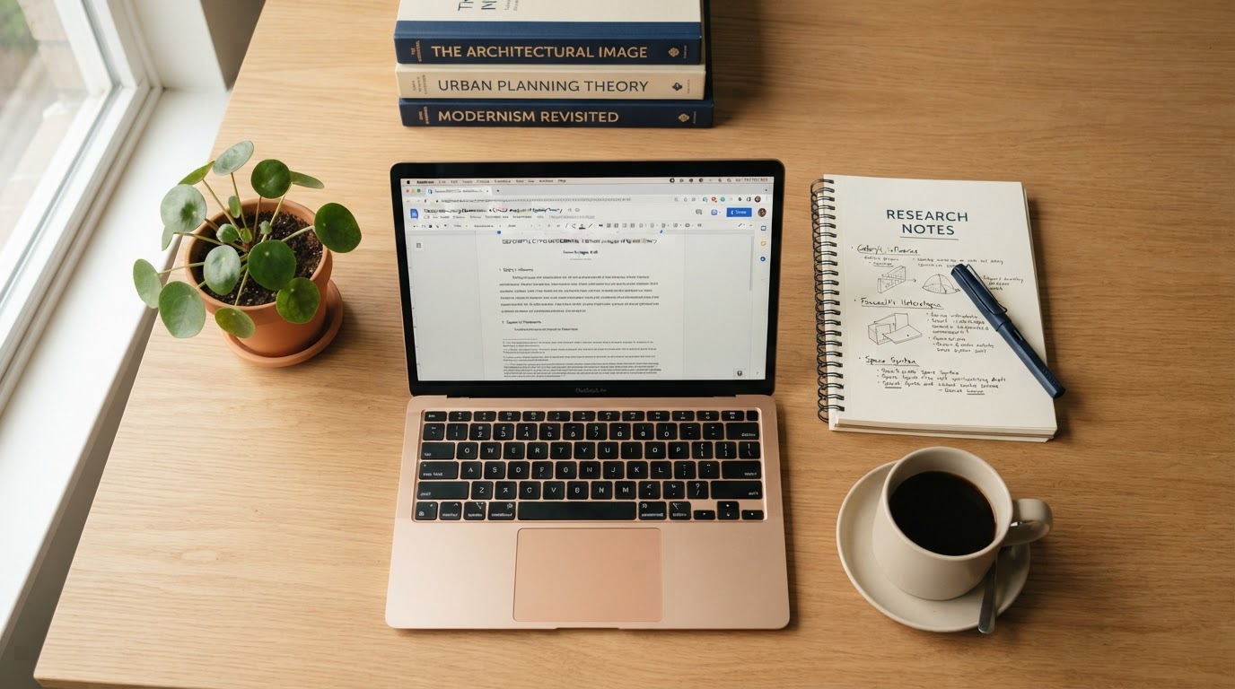 Student desk with laptop, textbooks and notes while writing a research paper