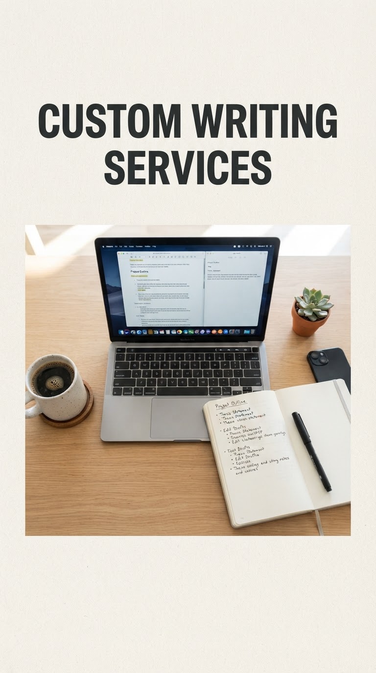 Custom Writing Services — vertical pin with a tidy study desk and the site title