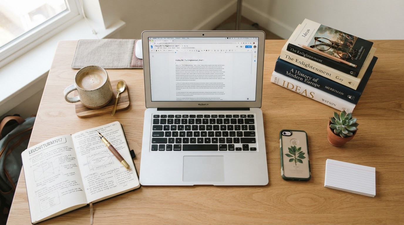 A tidy student desk with a laptop, books, notebook, and coffee — custom writing services review
