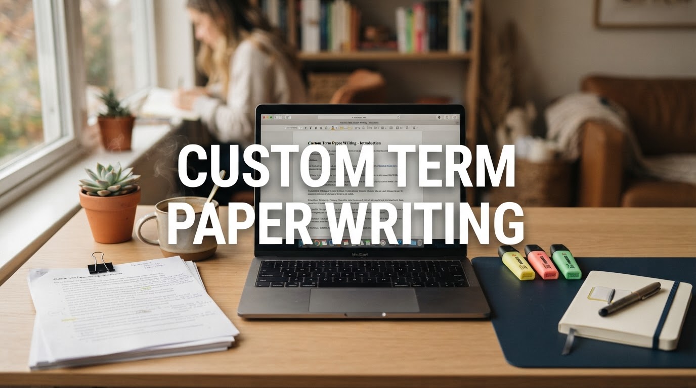 Custom term paper writing — a tidy student desk with laptop, papers, and coffee