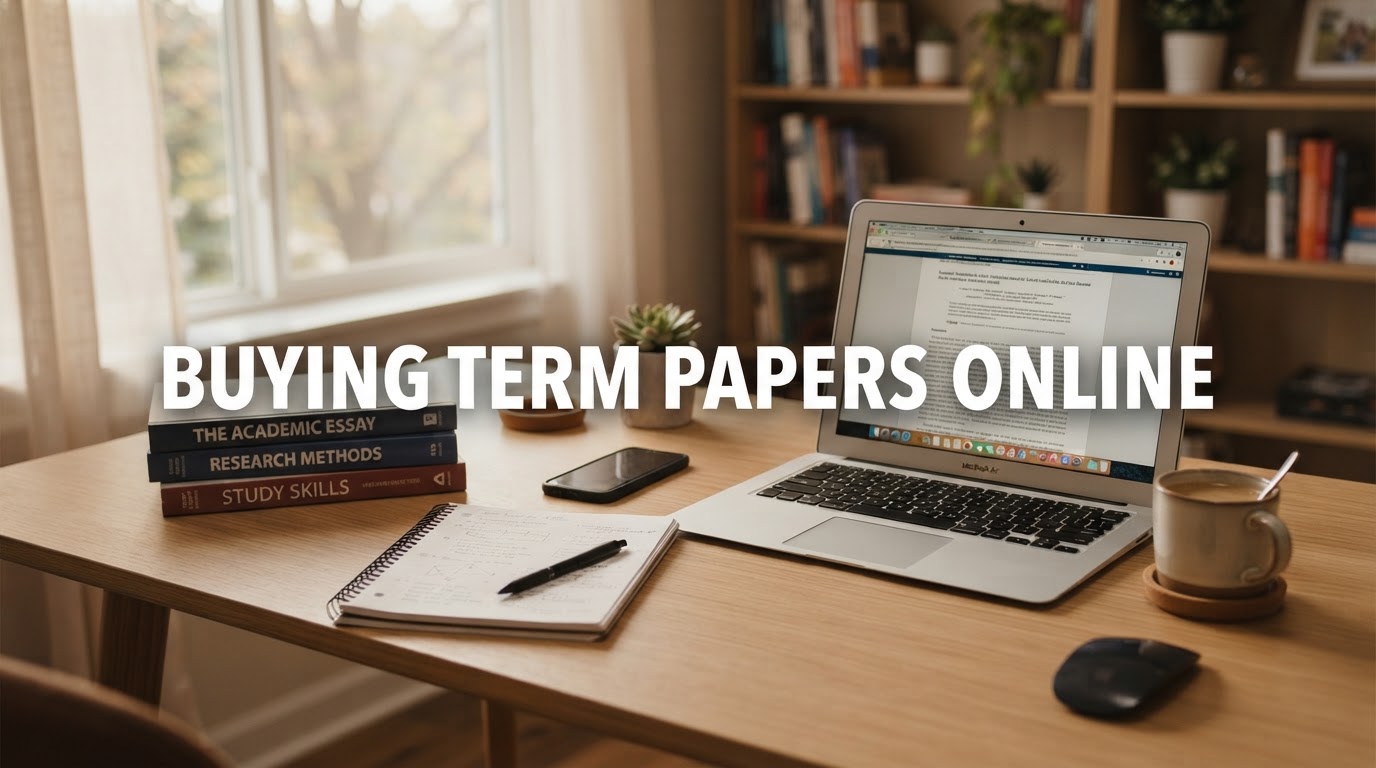 Buying Term Papers Online — student desk with laptop and books